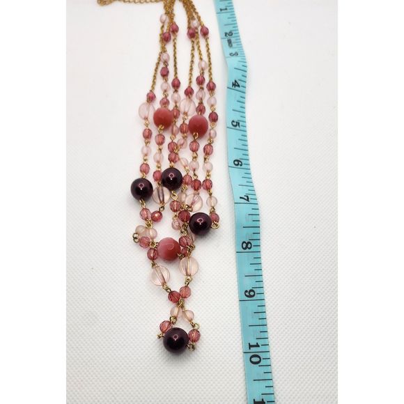 Pink Beaded Layered Necklace with Gold Tone Chain - Picture 2 of 5